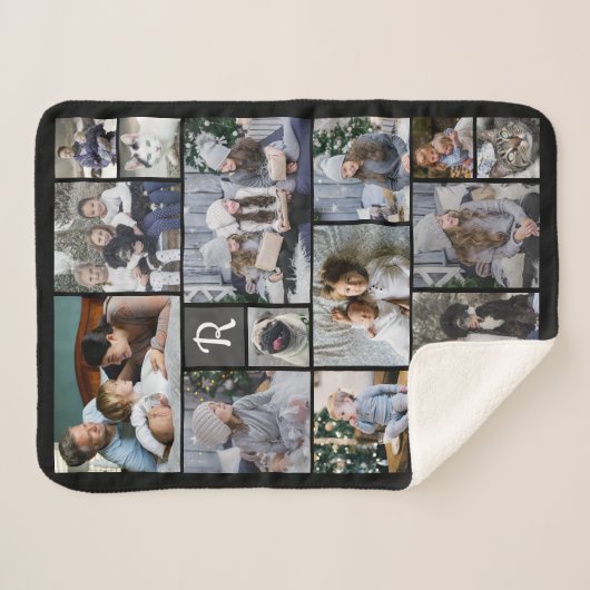 家族の写真コラージュ14写真+モノグラムブラック簡単 シェルパブランケット (正面(横))