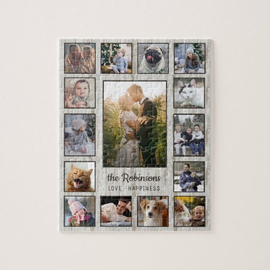 家族の写真コラージュ15写真名Wood Grain ジグソーパズル (縦)