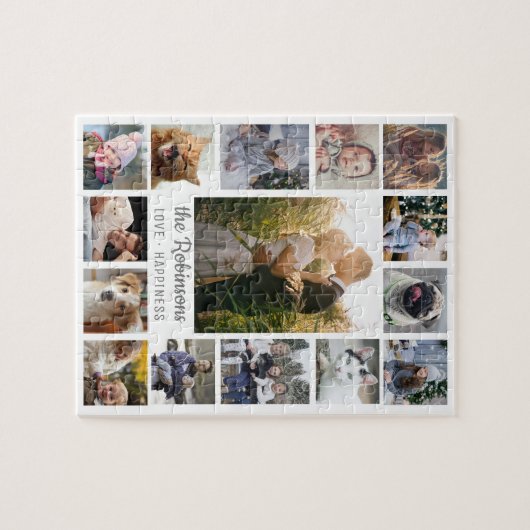 家族の写真コラージュ15写真+名前ホワイト簡単 ジグソーパズル (横)