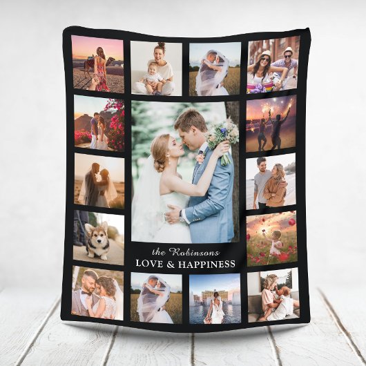 家族の写真コラージュ15写真+名前黒 フリースブランケット