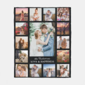 家族の写真コラージュ15写真+名前黒 フリースブランケット (正面)