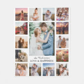 家族の写真コラージュ15写真+名前（白） フリースブランケット (正面)