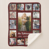 家族の写真コラージュ15 +名前レッドバッファロープレイド シェルパブランケット (正面)