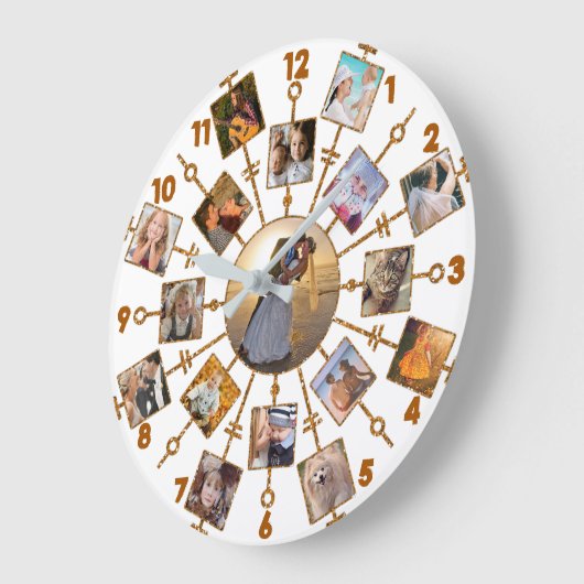 家族の写真コラージュ17写真かわいらしホワイト金ゴールド ラージ壁時計 (傾斜)