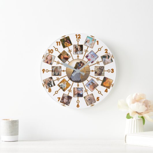 家族の写真コラージュ17写真かわいらしホワイト金ゴールド ラージ壁時計 (ホーム)