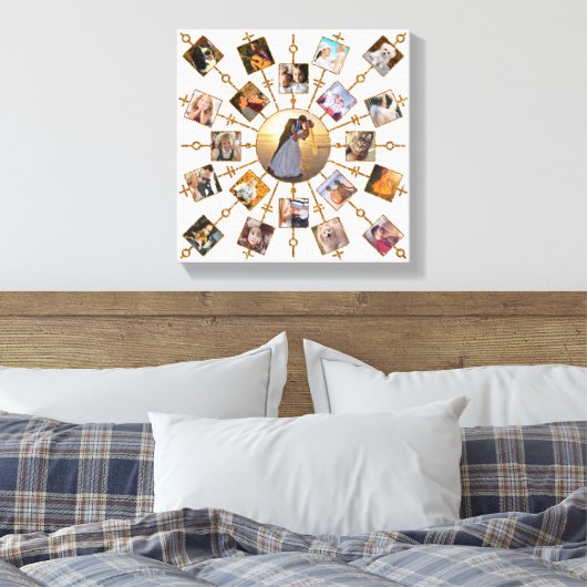 家族の写真コラージュ21写真かわいらしホワイト金ゴールド キャンバスプリント (インサイチュ (寝室))