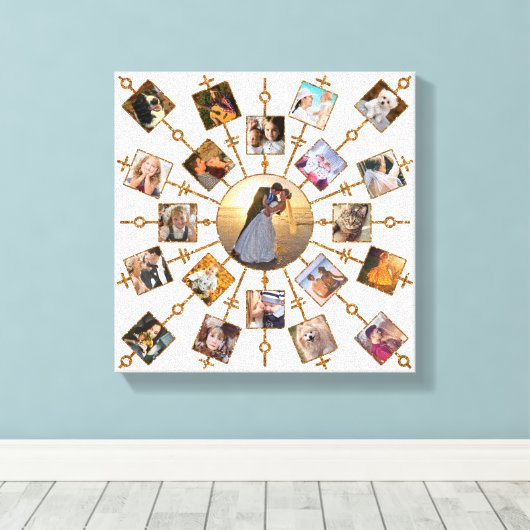 家族の写真コラージュ21写真かわいらしホワイト金ゴールド キャンバスプリント (インサイチュ (ウッドフロア))