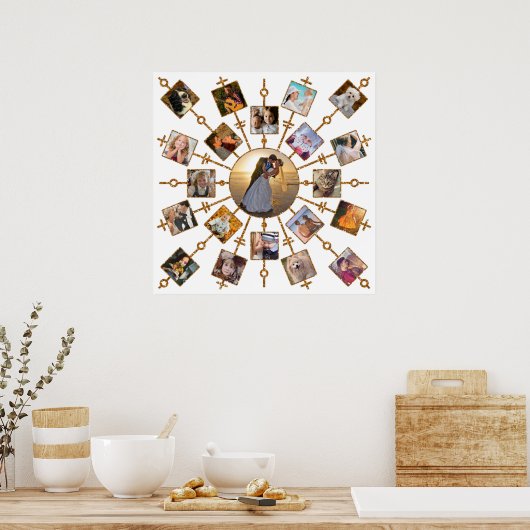 家族の写真コラージュ21写真かわいらしホワイト金ゴールド ポスター (キッチン)
