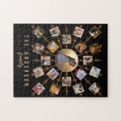 家族の写真コラージュ21写真ブラック金ゴールド+名前 ジグソーパズル (横)