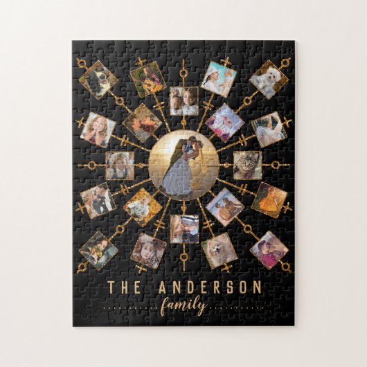 家族の写真コラージュ21写真ブラック金ゴールド+名前 ジグソーパズル (縦)