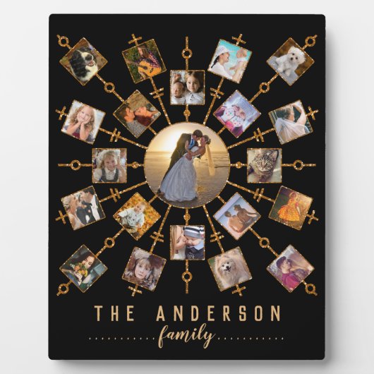 家族の写真コラージュ21写真ブラック金ゴールド+名前 フォトプラーク (正面)