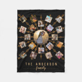 家族の写真コラージュ21写真ブラック金ゴールド+名前 フリースブランケット (正面)