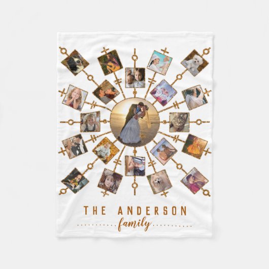 家族の写真コラージュ21写真白金ゴールド+名前 フリースブランケット (正面)