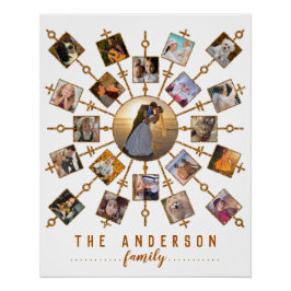 家族の写真コラージュ21写真白金ゴールド+名前 ポスター