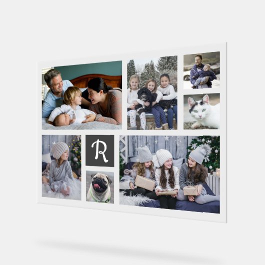家族の写真コラージュ7写真+モノグラムホワイト簡単 アクリルサイン (傾斜)