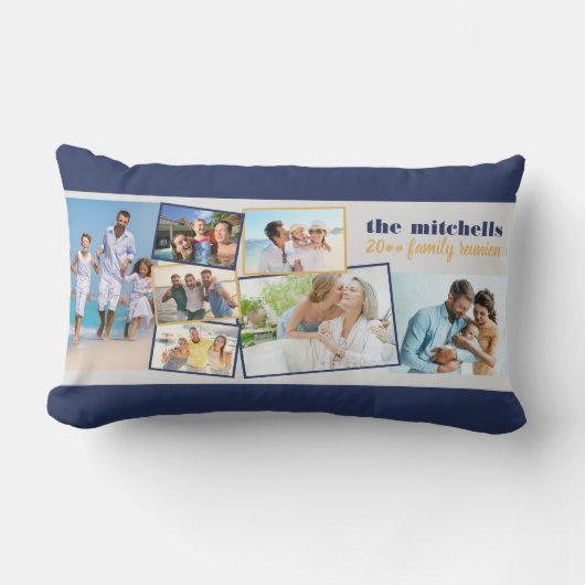 家族の写真コラージュ7枚の写真とカスタム文字ブルー ランバークッション (正面)