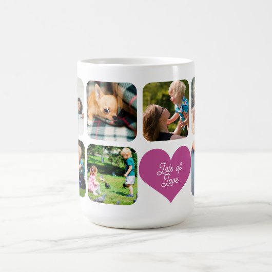 家族の写真コラージュ7枚の写真名前をカスタムする文字 コーヒーマグカップ (中央)