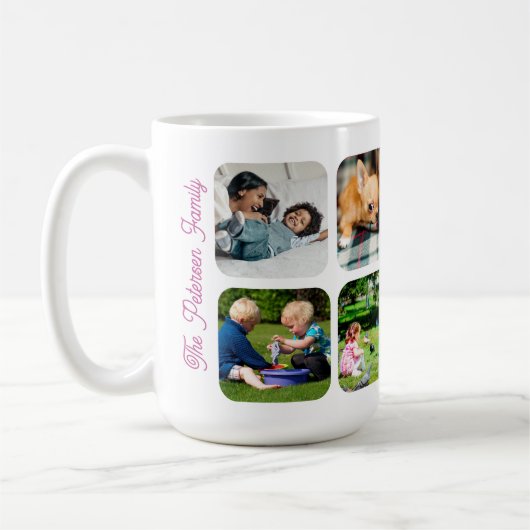 家族の写真コラージュ7枚の写真名前をカスタムする文字 コーヒーマグカップ (左)