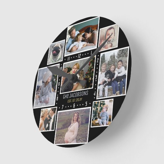 家族の写真コラージュ9カスタム写真名前の追加ブラック ラウンド壁時計 (傾斜)