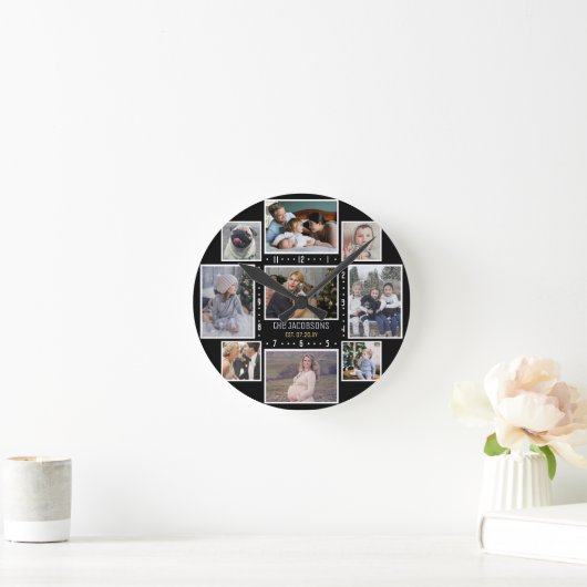 家族の写真コラージュ9カスタム写真名前の追加ブラック ラウンド壁時計 (ホーム)