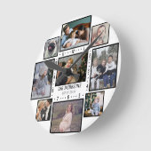 家族の写真コラージュ9カスタム写真名前の追加ホワイト ラウンド壁時計 (傾斜)