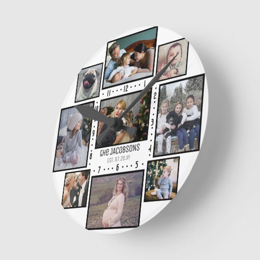 家族の写真コラージュ9カスタム写真名前の追加ホワイト ラウンド壁時計 (傾斜)