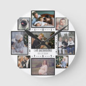 家族の写真コラージュ9カスタム写真名前の追加ホワイト ラウンド壁時計 (正面)