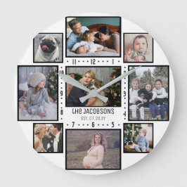 家族の写真コラージュ9カスタム写真名前の追加ホワイト ラウンド壁時計