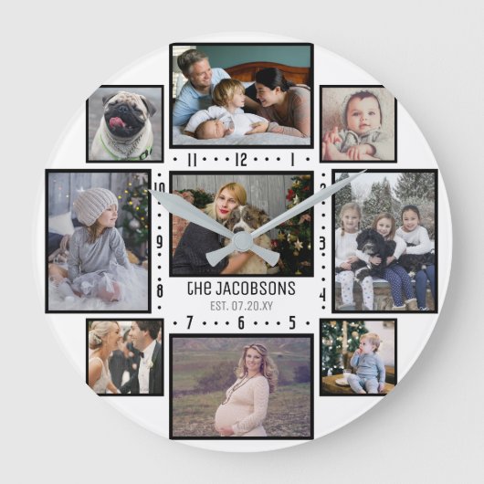 家族の写真コラージュ9カスタム写真名前の追加ホワイト ラウンド壁時計 (正面)