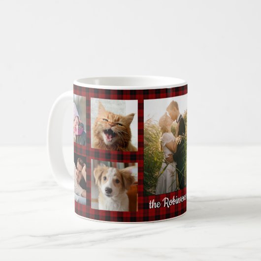 家族の写真コラージュ9写真レッドプレイド簡単DIY コーヒーマグカップ (正面左)