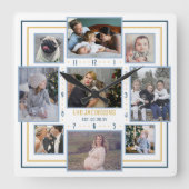 家族の写真コラージュ9写真名ブルーイエローストライプ スクエア壁時計 (正面)