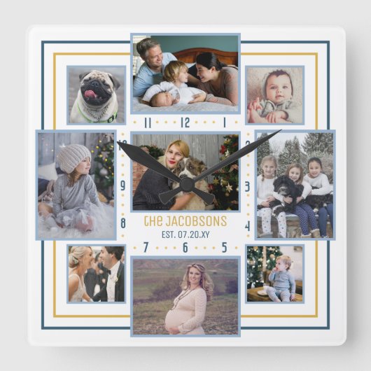 家族の写真コラージュ9写真名ブルーイエローストライプ スクエア壁時計 (正面)