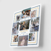 家族の写真コラージュ9写真名ブルーイエローストライプ スクエア壁時計 (傾斜)