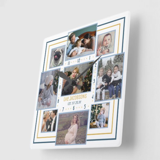 家族の写真コラージュ9写真名ブルーイエローストライプ スクエア壁時計 (傾斜)