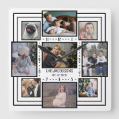 家族の写真コラージュ9写真名白ストライプのモダン スクエア壁時計 (正面)