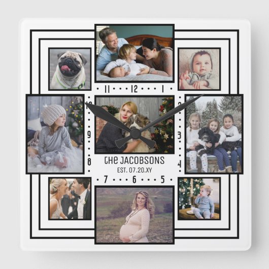 家族の写真コラージュ9写真名白ストライプのモダン スクエア壁時計 (正面)