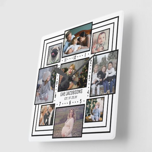 家族の写真コラージュ9写真名白ストライプのモダン スクエア壁時計 (傾斜)