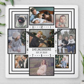家族の写真コラージュ9写真名白ストライプのモダン スクエア壁時計