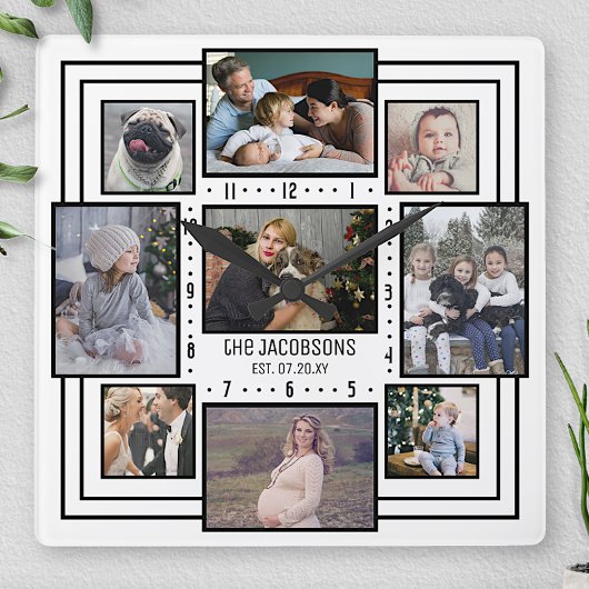 家族の写真コラージュ9写真名白ストライプのモダン スクエア壁時計