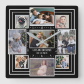 家族の写真コラージュ9写真名黒ストライプのモダン スクエア壁時計 (正面)