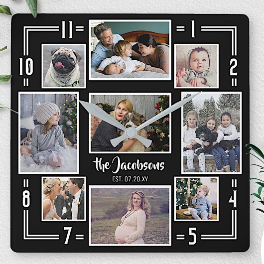 家族の写真コラージュ9写真名黒ストライプのモダン スクエア壁時計