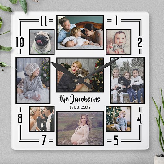 家族の写真コラージュ9 Picホワイトブラックストライプ名 スクエア壁時計
