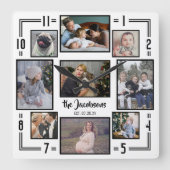 家族の写真コラージュ9 Picホワイトブラックストライプ名 スクエア壁時計 (正面)