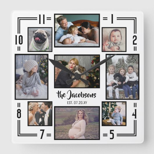 家族の写真コラージュ9 Picホワイトブラックストライプ名 スクエア壁時計 (正面)