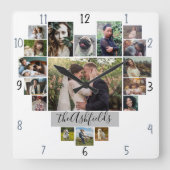 家族の写真コラージュ ハート型 17枚 名前 白 スクエア壁時計 (正面)