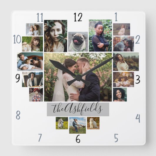 家族の写真コラージュ ハート型 17枚 名前 白 スクエア壁時計 (正面)