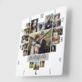 家族の写真コラージュ ハート型 17枚 名前 白 スクエア壁時計 (傾斜)