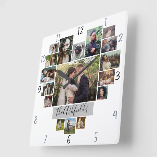家族の写真コラージュ ハート型 17枚 名前 白 スクエア壁時計 (傾斜)