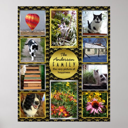家族の写真コラージュ |ブラック金ゴールドアールデコカスタム ポスター (正面)