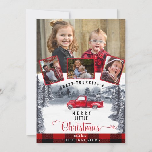 家族の写真コラージュ、プレイド、クリスマス、レッドトラック シーズンカード (正面)